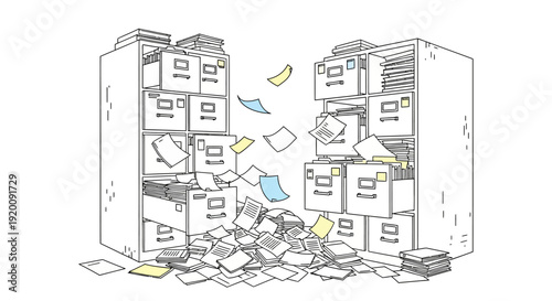 Two overflowing filing cabinets with scattered papers depicting disorganization and a large volume of documents.