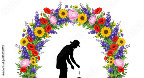Silhouette of a gardener tending to plants under a vibrant floral archway symbolizing growth and natures beauty for spring or summer themes