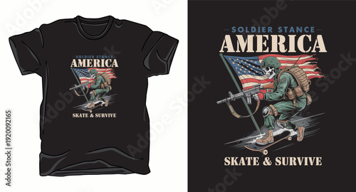 Soldier skeleton riding skateboard with american flag and rifle military streetwear tshirt design
