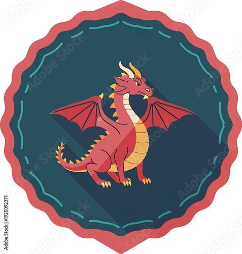 Illustration of a fierce red dragon with wings spread wide.