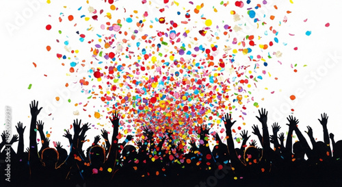 Crowd celebrating with colorful confetti explosion silhouette of people with hands raised at a festival or party isolated on white background