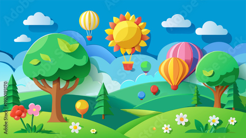 Summer sale banner in 3D paper cut style with tropical palm leaves and bright sun..eps