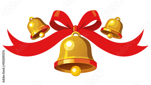 Festive holiday decoration featuring shiny gold sleigh bells and a red satin ribbon for Christmas and New Year celebrations..eps