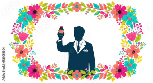Silhouette of a doctor holding a medicine bottle framed by a colorful floral border representing healthcare and wellness