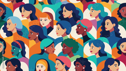 Diverse group of women profile portraits in flat style seamless pattern.eps