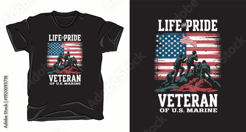 Us marine soldiers raising flag on mountain with american flag background