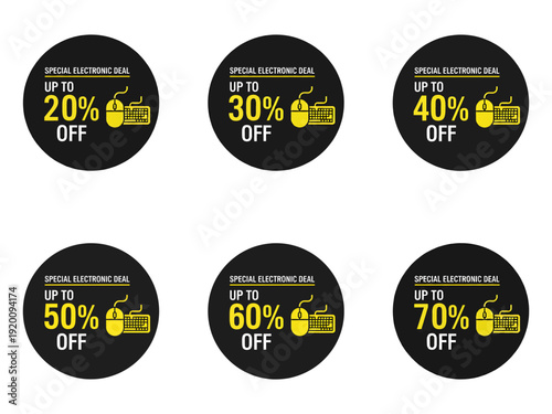 A set of promotional labels featuring discount offers up to 70% off for business advertising