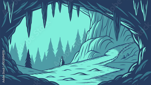 Mysterious underground cavern with ethereal light and rocky textures.eps