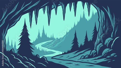 Fantasy cave entrance with stone archway and dark tunnel interior.eps