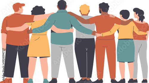Diverse group of people standing together, hugging, unity, community support, teamwork, friendship, inclusion and social connection concept