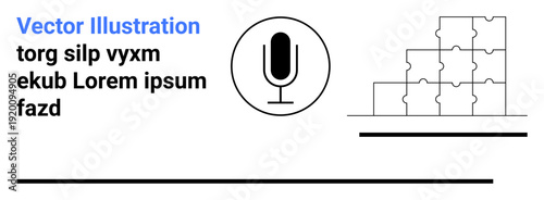 Communication tools, podcasting, teamwork, problem-solving, minimal design, education. A microphone icon and puzzle block graphics on white. Communication tools and teamwork concepts