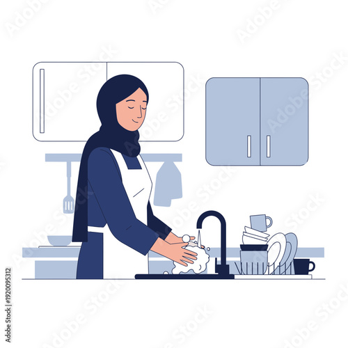 Woman washing dishes during Ramadhan in a modern kitchen