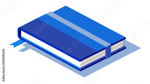 Flat lay of open and closed blue notebook with bookmark.eps