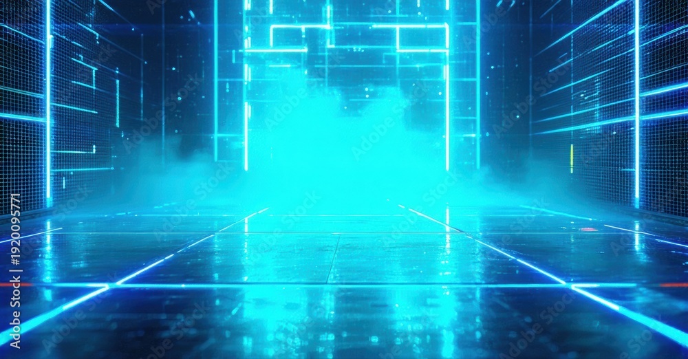 Fototapeta premium Futuristic space. Bright neon lines create tunnel effect. Blue light dominates, smoke fills central area. Minimalist design, digital aesthetic.