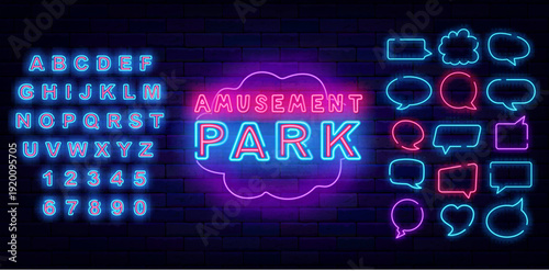 Amusement park neon label. Speech bubble frames collection. Fair sign. Bright flyer. Funny carousel, kids activity. Glowing pink alphabet. Vector stock illustration