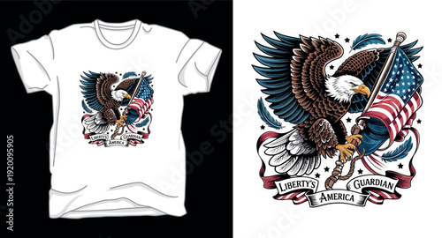 Bald eagle clutching american flag with ribbon banner for apparel and patriotic graphic design