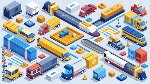 Modern Isometric Vehicle Collection Logistic and Travel Icons for Maps and Infographics.eps