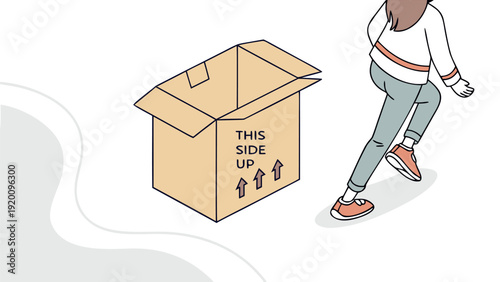Young female character packing belongings into a box for apartment move.eps