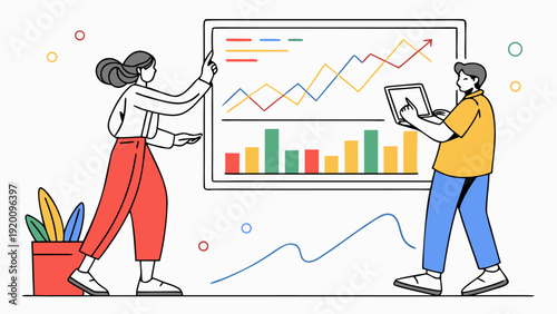 Man and Woman Reviewing Growth Infographics on Monitor.eps