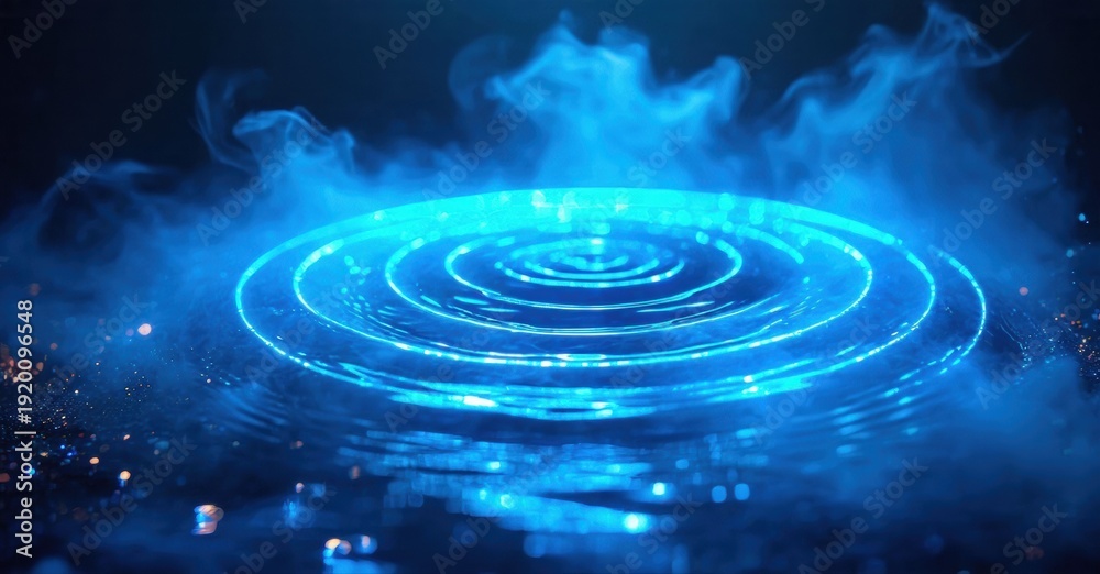 Fototapeta premium Glowing blue ripples emanate from water surface. Dark background enhances vibrant circular light patterns. Mysterious, futuristic feel.