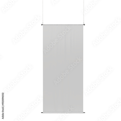Bild auf Leinwand Blank 3D hanging roll-up banner mockup with fabric panel suspended by metal rod and cables signage mockup isolated