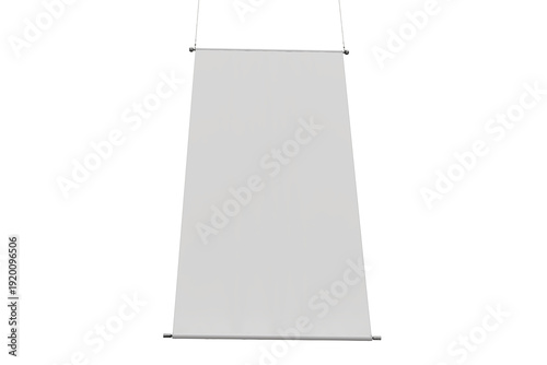 Canvas Print Blank 3D hanging roll-up banner mockup with fabric panel suspended by metal rod and cables signage mockup isolated