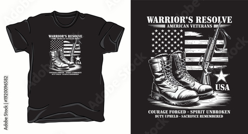 Warrior's resolve american veterans t-shirt design with military boots and rifle