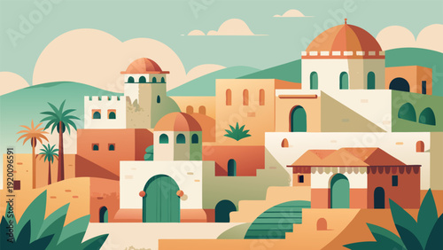 Minimalist Islamic holiday illustration with decorative Arabic patterns and hanging stars for Ramadan.eps