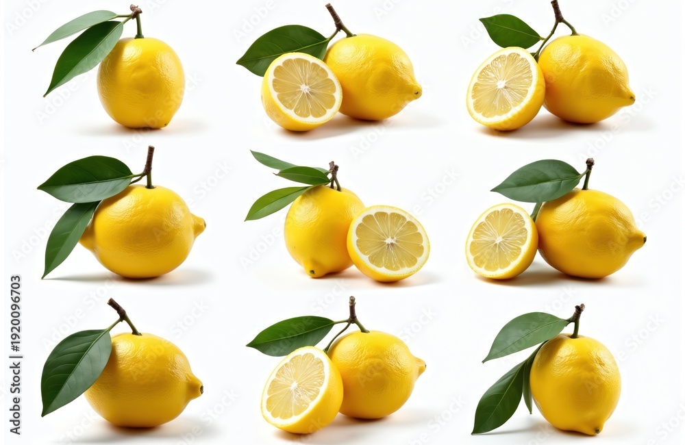 Obraz premium Several whole lemons and lemon halves with green leaves are set against a clean white background. These bright yellow citrus fruits look fresh and juicy, perfect for recipes or design.