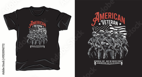 American veteran memorial day t-shirt design with soldiers, american flag, skull, remembrance text