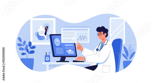 Doctor analyzing data on computer screen in medical office.