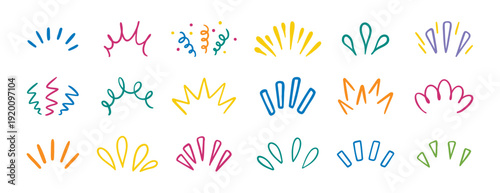 sunburst, doodle sun rays colorful lines. Cute funny hand drawn lines showing concentrated lines set, awareness, inspiration and surprises