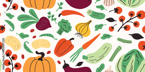 Farm agricultural local food, vegetables from farm, local market seamless pattern. Hand drawn simple doodle illustration. Farming, agriculture or local. Pumpkin, garlic, pepper, tomato, potato.