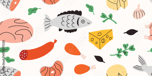 Farm agricultural local food from farm, local market meat and fish seamless pattern. Hand drawn simple doodle illustration. Farming, or local organic production set. Salmon fish, chicken, cheese.