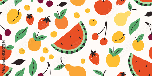 Farm agricultural local food, fruits from farm, local market seamless pattern. Hand drawn simple doodle illustration. Farming, agriculture or local organic production set. Apple, cherry, strawberry.