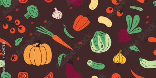 Farm agricultural local food, vegetables from farm, market seamless pattern. Hand drawn simple doodle illustration. Farming, agriculture or local product. Pumpkin, garlic, pepper, tomato, potato, cole