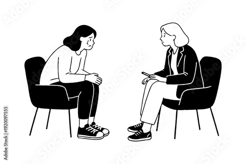 Therapist and patient talking during counseling session in minimalist black style.