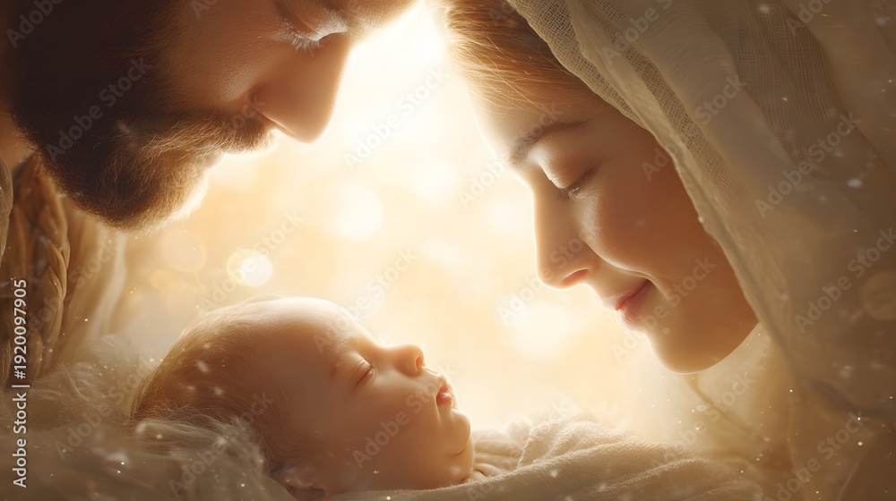 Fototapeta premium Sacred Family: An illuminated image of a tender moment. A serene, tender scene unfolds as a couple looks down upon their sleeping child. The image evokes a sense of peace, faith and purity. 