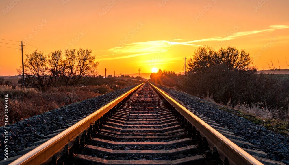 Obraz premium A long perspective of the steel railway tracks stretching toward the horizon under a golden sunset sky creates a scenic landscape for a tranquil travel journey along the iron rail path