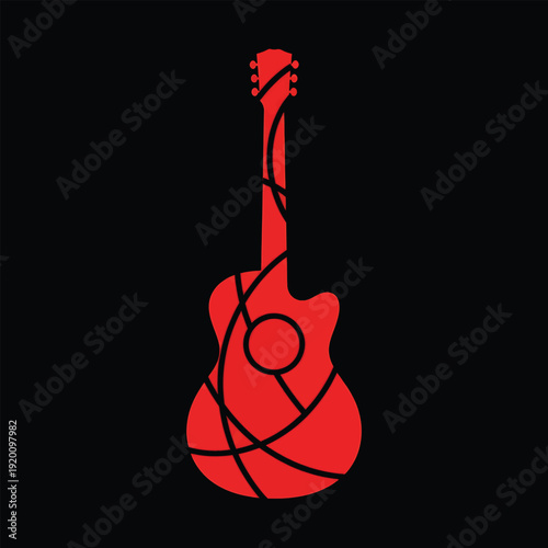 Red Acoustic Guitar Silhouette with Abstract Black Lines.