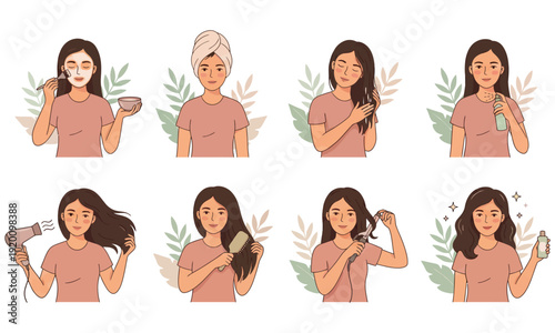 Hair Care Routine Flat Vector Illustration Set (Woman Applying Products, Blow Dry & Styling)