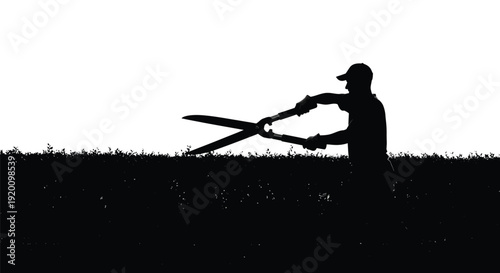 Gardener Cutting Hedge with Shears Silhouette Illustration