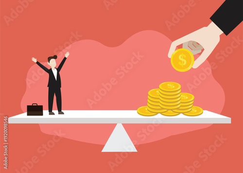 Financial Balance Concept Illustration with Businessman and Gold Coins. Stock Illustration