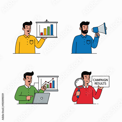 Business professionals presenting data and campaign results with charts and analytics tools