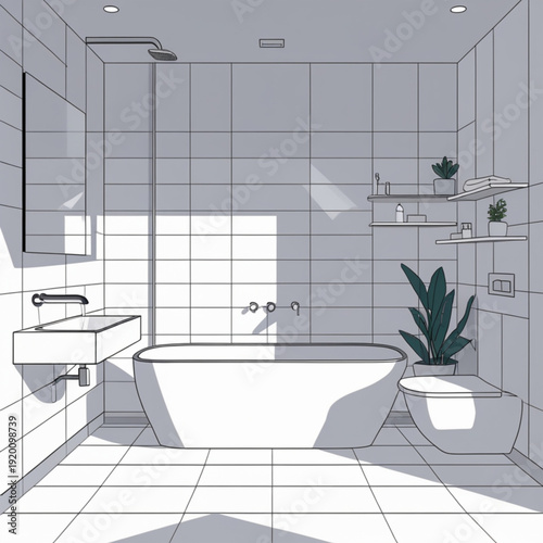 A modern bathroom interior with a bathtub, toilet, and sink in a minimalist style