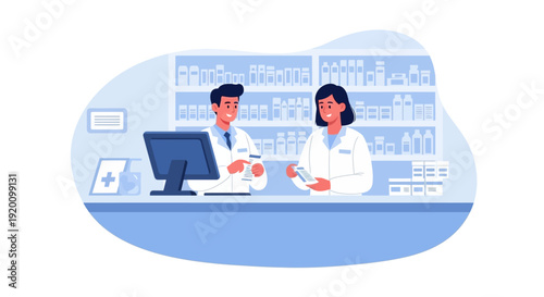 Two pharmacists working together at a pharmacy counter.