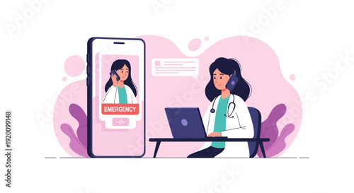 Female doctor working on laptop with telemedicine on smartphone.