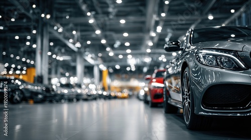 Luxury cars in a modern showroom with professional lighting and glossy surfaces. Automotive-themed banner