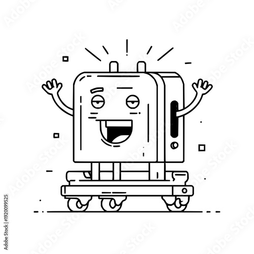 Cheerful luggage cart with happy face and raised arms symbolizing joyful travel and excitement