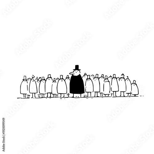 Businessman standing out from a crowd of people in a line symbolizing leadership and individuality in a sea of sameness